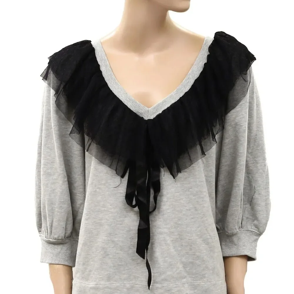 Anthropologie Maeve V-Neck Bow Sweater Pullover Top Tulle Mesh Ruffle XL 289709
